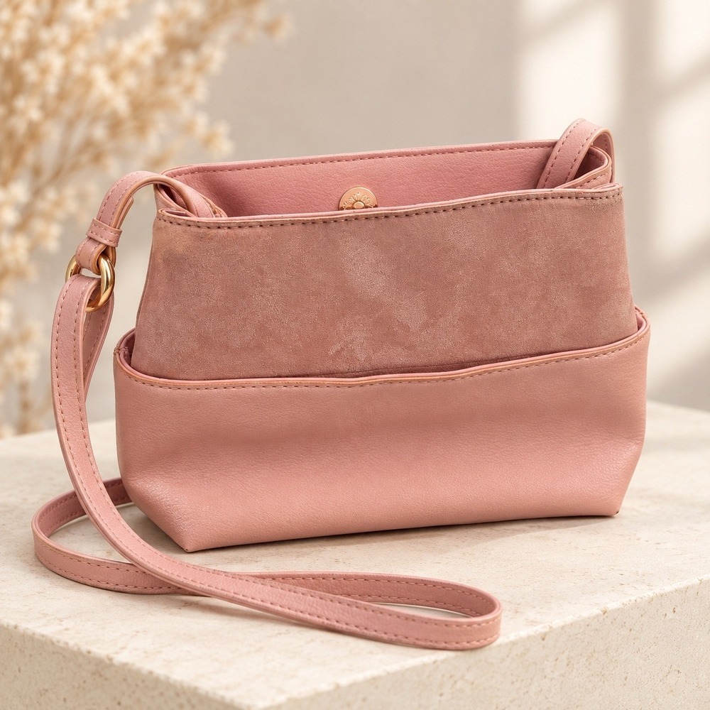 LC Lauren Conrad Pink Faux Suede Leather Mixed Media Crossbody Bag Gold Hardware